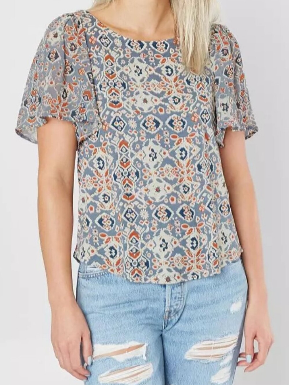 Lucky Brand Mosaic Print Flutter Sleeve Top M Boho Cutout Back